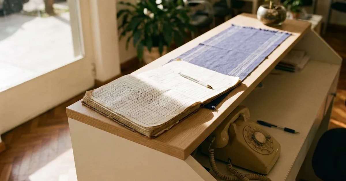 Cuaderno de recepción con las sesiones de cada cliente anotadas a mano, sobre el mostrador de un centro de estética